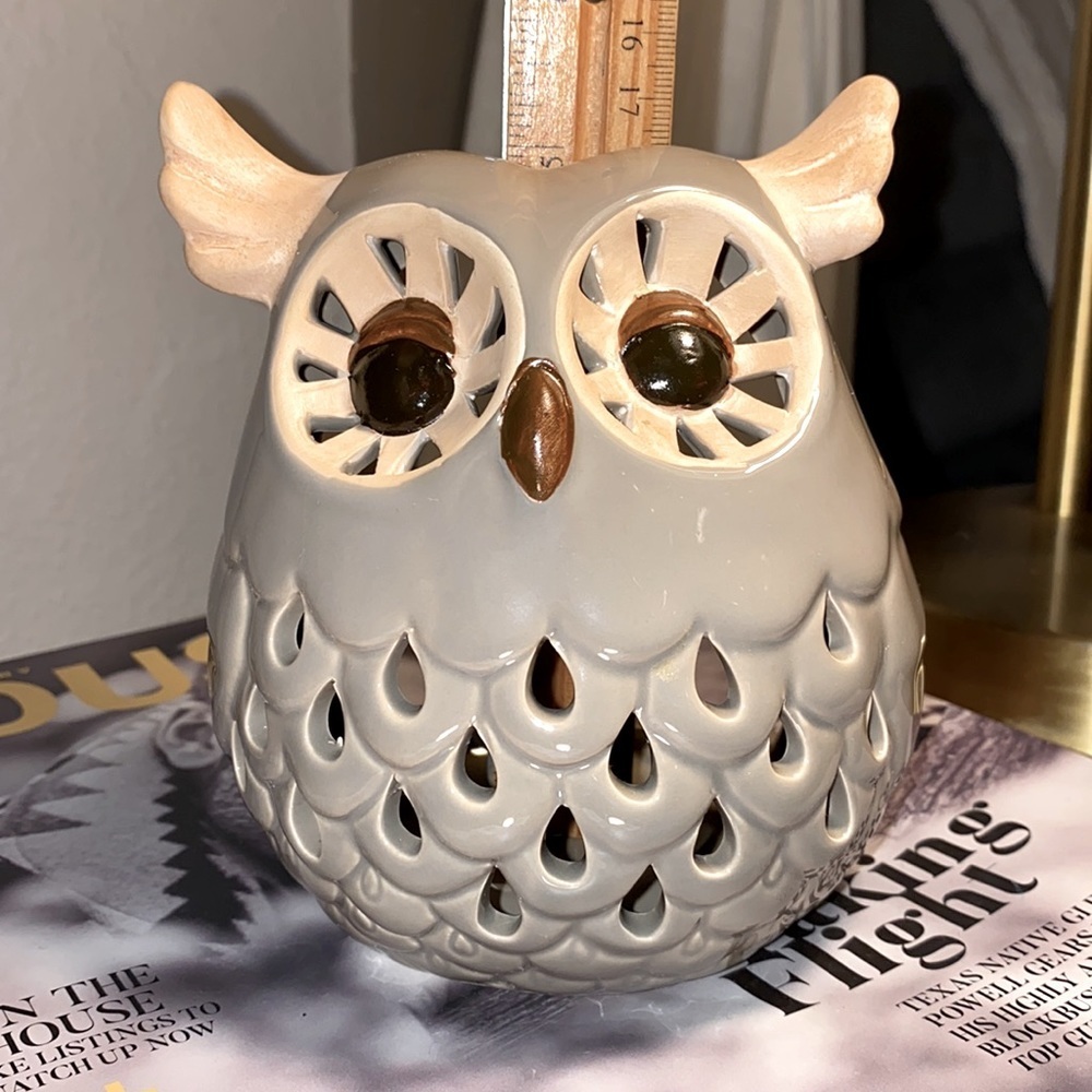 Grey brown tan owl candleholder counter decorative animal fixture ceramic glass - Picture 9 of 14